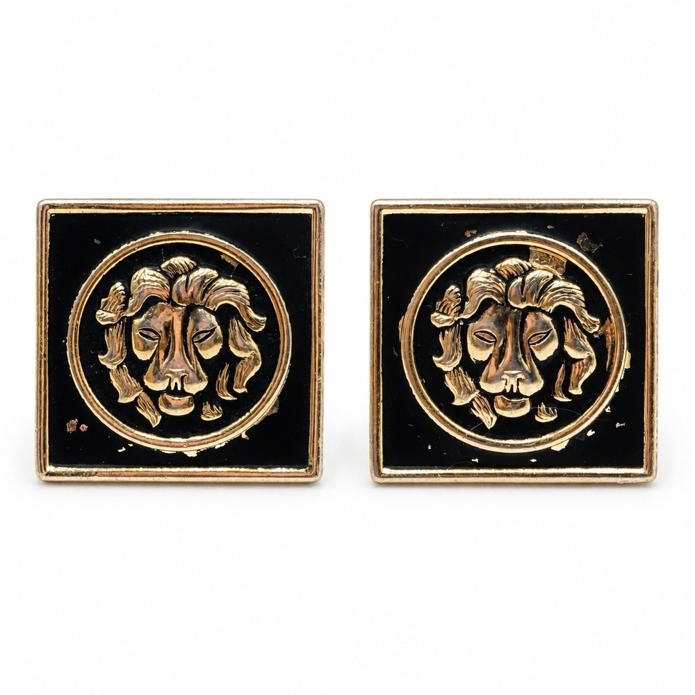 Vintage Swank Lion Head Cufflinks Black Enamel Gold Tone Square MCM Men's